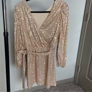 Francesca’s Faux Wrap Gold Mini Sequin Dress